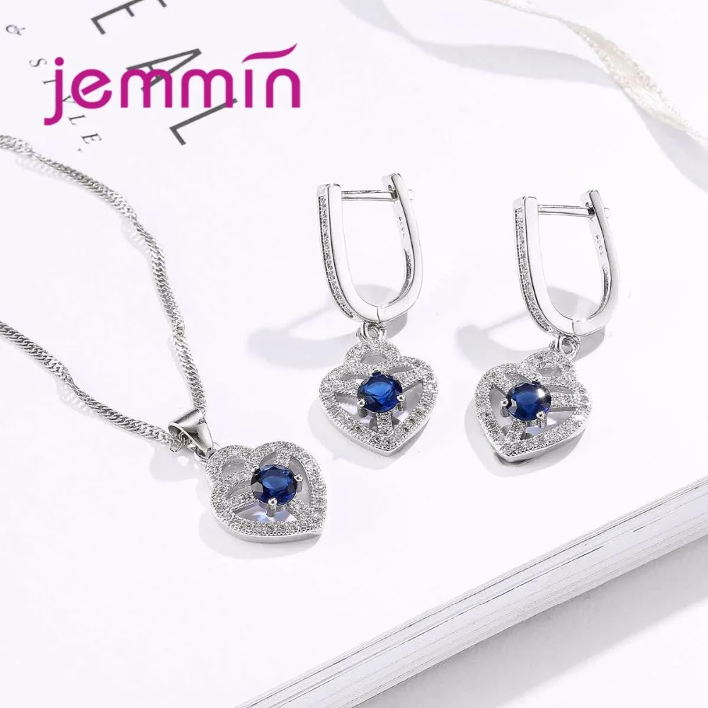Jemmin Jewelry Sets For Brides Women Blue Crystal Sapphire Stone Pendant Wedding 925 Sterling Silver Color Earrings + Necklace - Image 5
