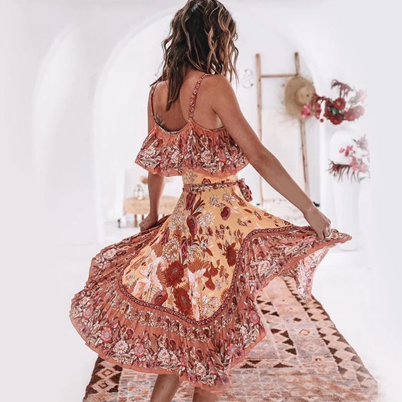 

Khale Yose Summer Boho Off Shoulder Dress Backless Sexy Women Long Dress Floral Layered Vintage Holiday Beach Dresses Sundress