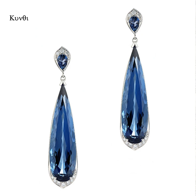 Роскошные Длинные Серьги Brincos, синие искусственные Кристальные серьги в форме капли воды, серебряные серьги-капли с кристаллами для женщин, модные ювелирные изделия