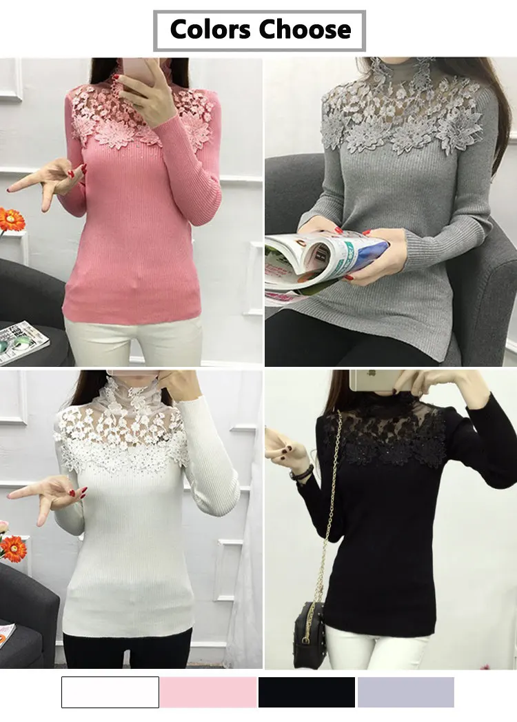 Autumn Winter Sweater Women 2019 Flower Lace Jumper Pull Femm Pink Knitted Sweater Casual Turtleneck Long Sleeve Sueter Mujer (3)