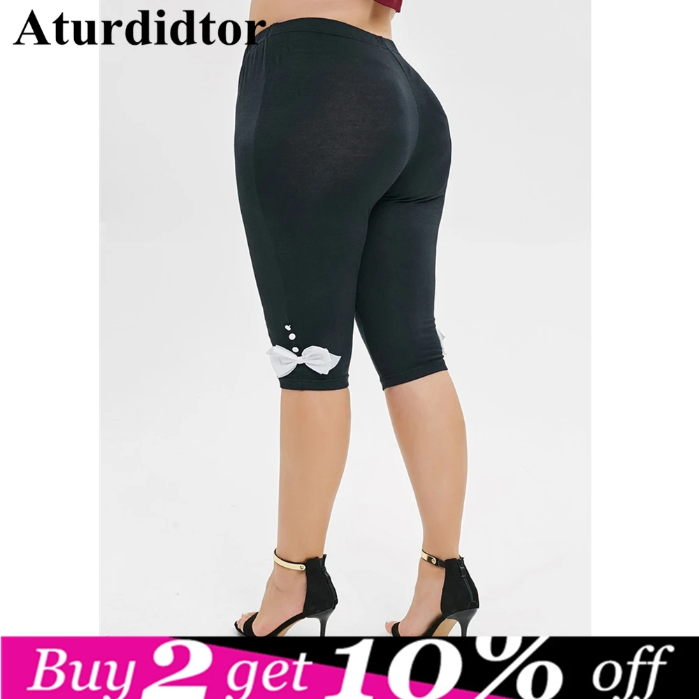 

Plus Size Bowknot Buttoned Knee Length Leggings High Elastic Waist Women Short Leggings Black Skinny Summer Fashion Pants 5XL