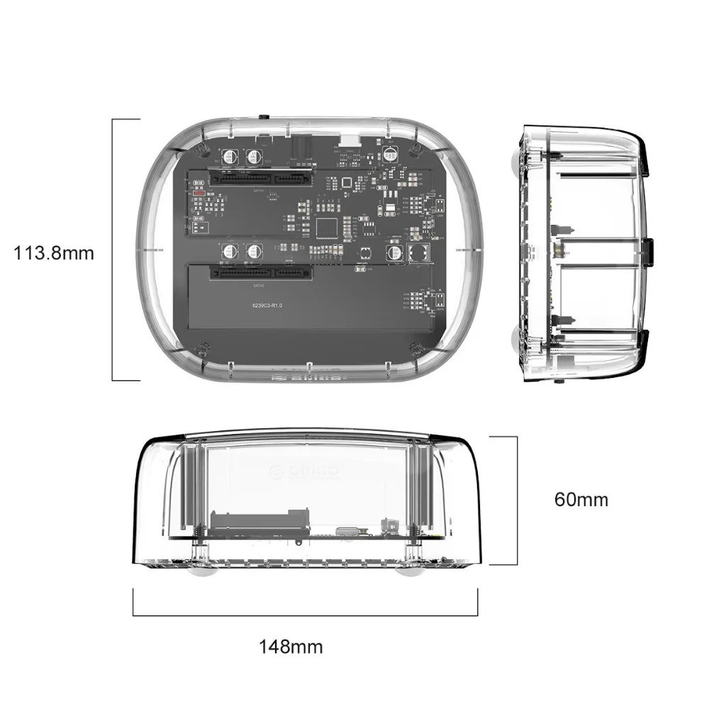 ORICO 2,5/3,5 дюйма 2 отсека USB C прозрачный жесткий диск Поддержка 24 ТБ USB3.1 Gen1 HDD док-станция type-C HDD Чехол