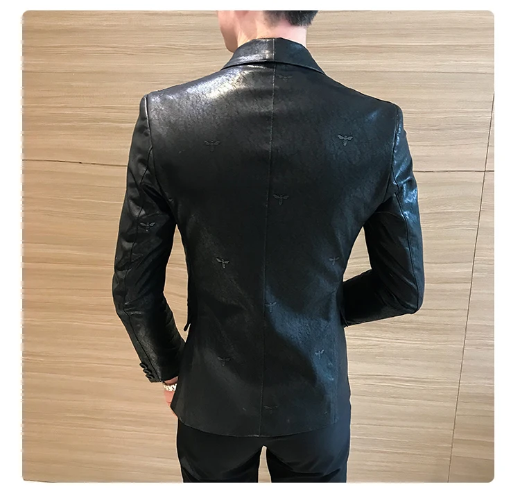 Korean Suit Coat Solid Black Slim Fit Blazer Hombre PU Leather Jacket Men One Button Business Casual Prom Blazers For Men