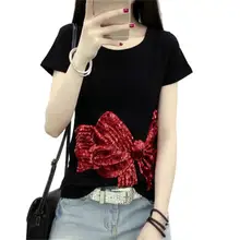 Новая футболка женские модные футболки для женщин увеличение размера 3XL с коротким рукавом блестками Хлопковые женские футболки