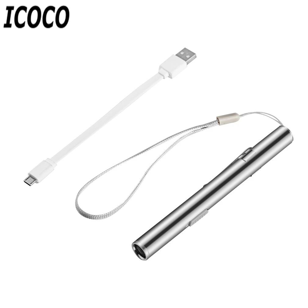 

ICOCO 1pcs Portable Mini USB Rechargeable Energy Saving Medical Handy LED Flashlight Torch Stainlesss Steel Clip Promotion Sale