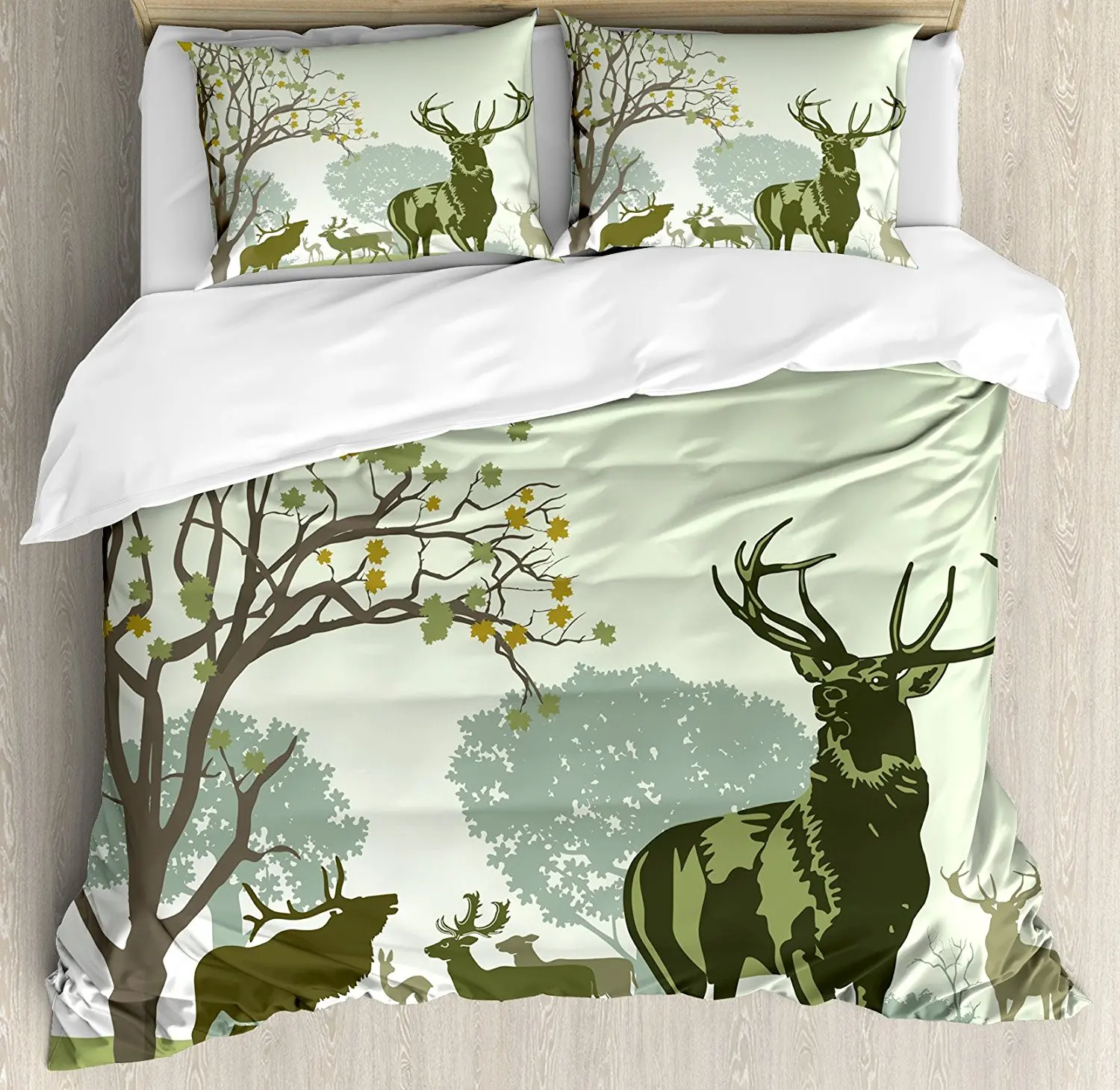 

Antlers Decor Duvet Cover Set Deer and Wildlife in park World Natural Heritage Forest Areas Reindeer Decorative 4pcs Bedding Set