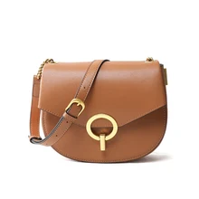 2019 Summer New Genuine Leather Women Bag Retro Round Lock Buckle Leather Bag Shoulder Crossbody Saddle Bag Fashion Handbag Lady two tone buckle decor saddle bag