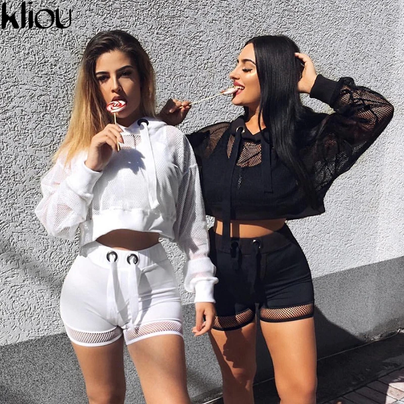 Kliou طويلة الأكمام شبكة انظر من خلال مثير هوديس 2018 الصيف الخريف النساء أزياء جديد قناع السترة هوديس سوياتشيرتس الصلبة