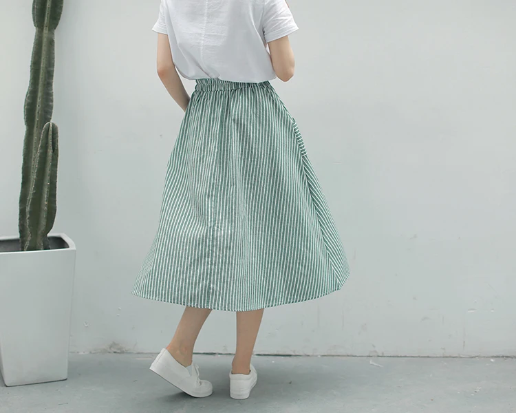 leather skirt Spring Summer Women Vertical stripes Skirts Casual Loose Cotton Linen Female With Pockets Vintage Elastic waist lacing Skirts tennis skirt outfits
