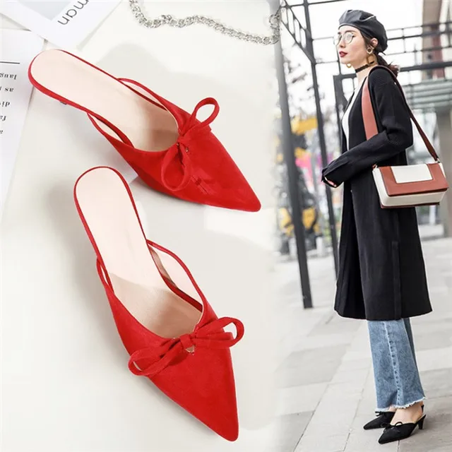 PXELENA 2018 Newest Mules Shoes Thin Med Heels Summer Slippers Women Pointed Toe Bowtie Slip On Outside Slides Shoes Sexy 34-43