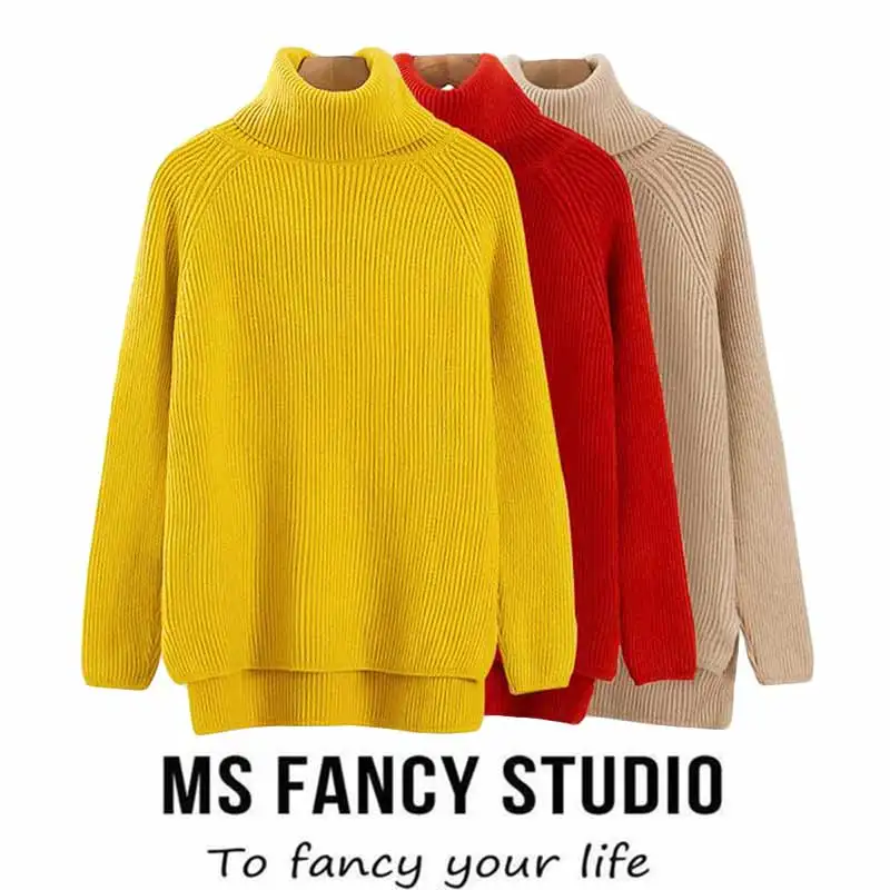 

Women Warm Turtleneck Vintage Loose Mohair Striped Jersey Long Sleeve Knitting Autumn Winter Pullover New Solid Sweater