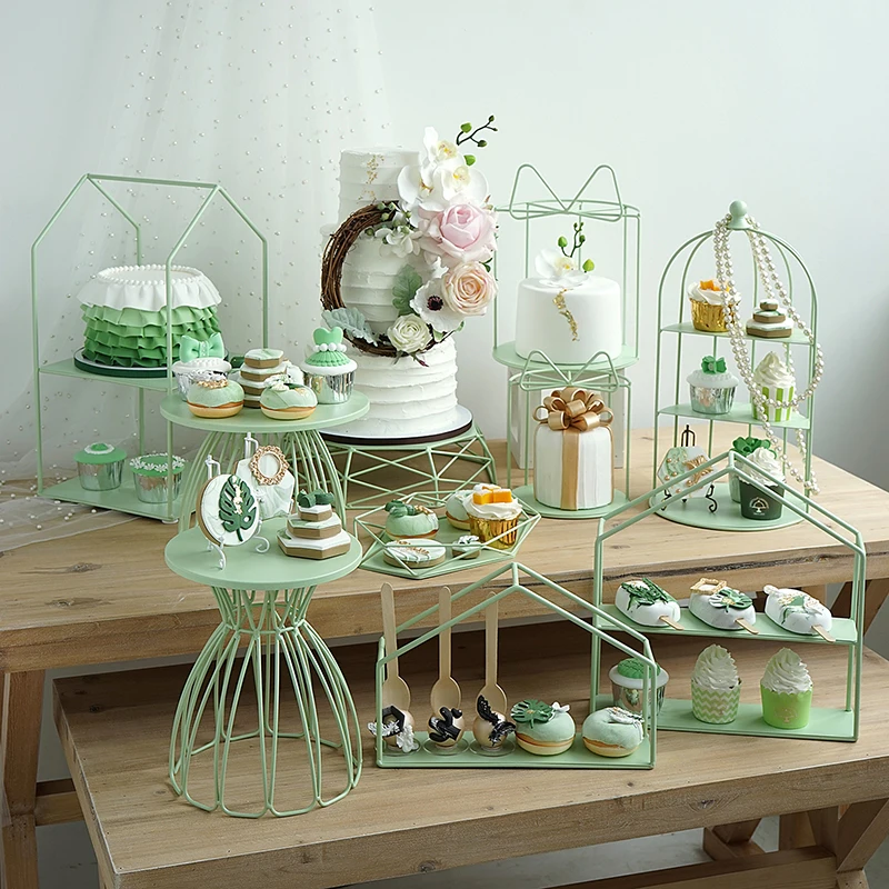 

Matte green cake stands cupcake holder racks birdcage home decoration candy bar dessert table party showcase supplier
