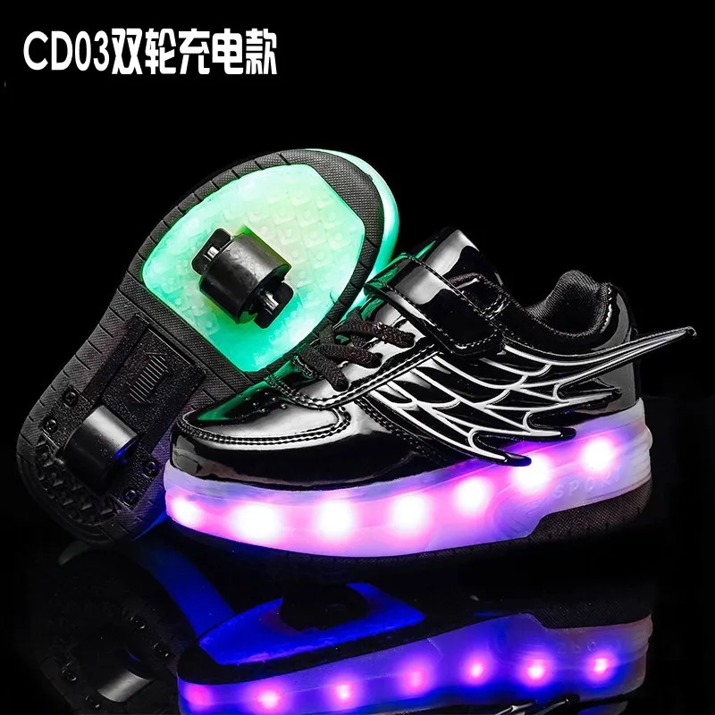 

Black Two Wheels Luminous Sneakers USB Charging Led Light Roller Skate Shoes for Children Kids Shoes Boys Girls Shoes Light Up