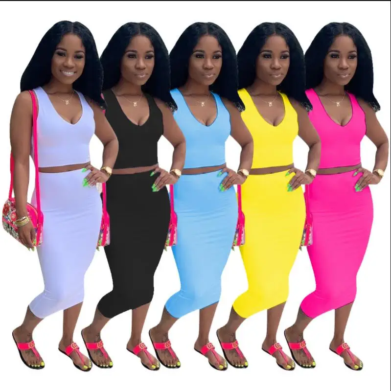 

2019 new women summer solid tank top bodycon midi skirts suit two piece set club party women's tracksuit outfit dress D9120