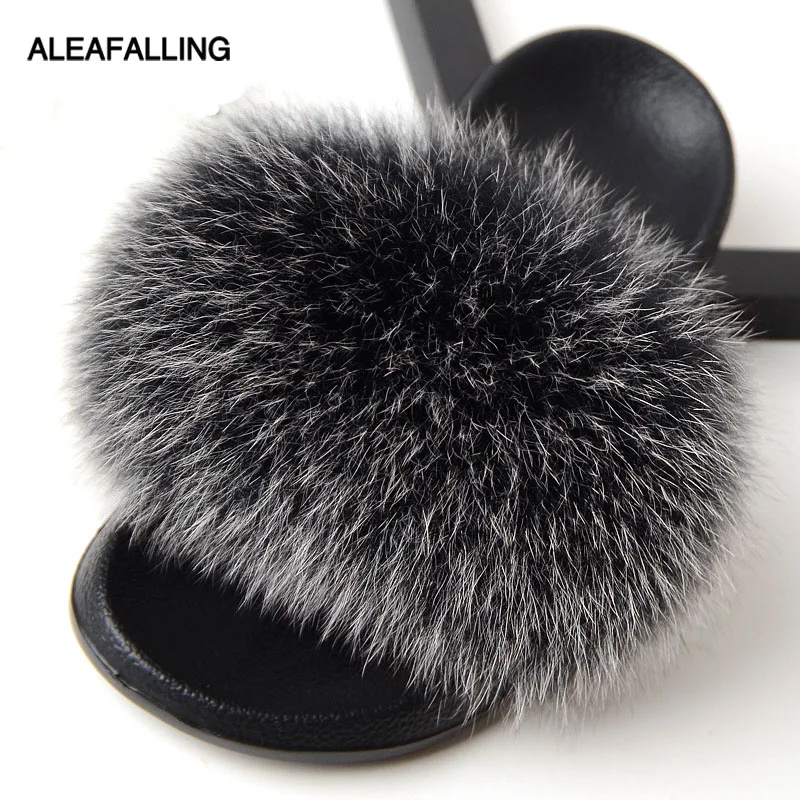 

Aleafalling Fox Fur Slippers Women Fur Home Fluffy Sliders Plush Furry Summer Flats Sweet Lady Shoes Large Size 45 Hot Sale Cute