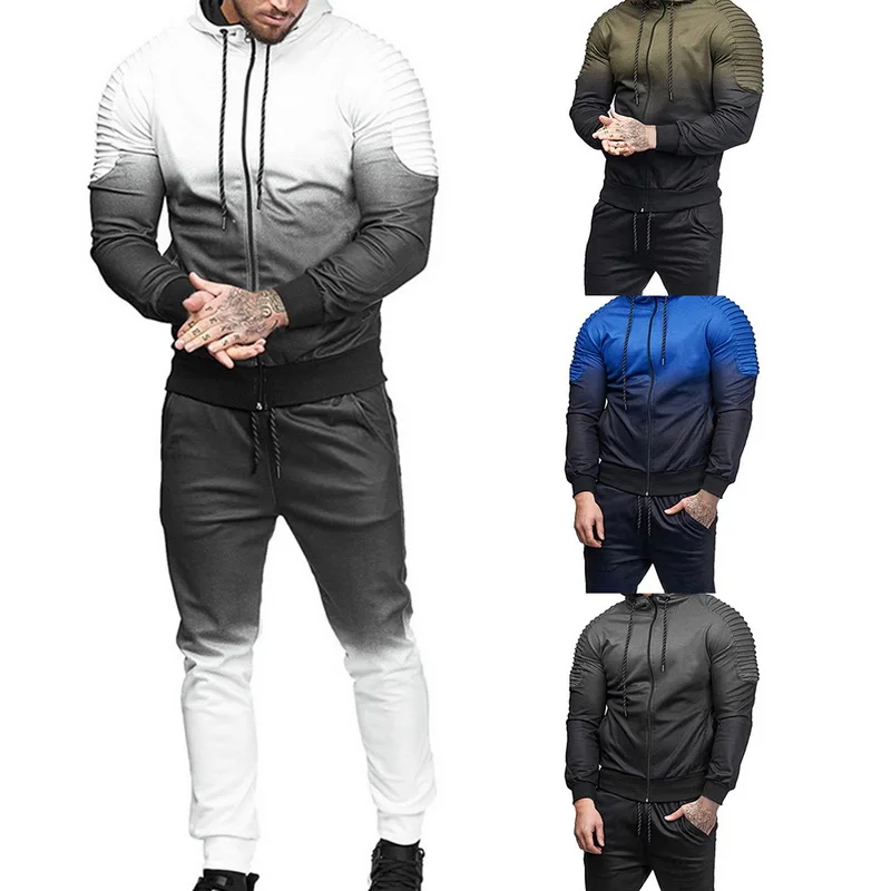 SHUJIN 2019 комплект спортивной одежды для мужчин свитшот на молнии с капюшоном полосатые складки куртка + брюки Градиент Мужской Повседневный