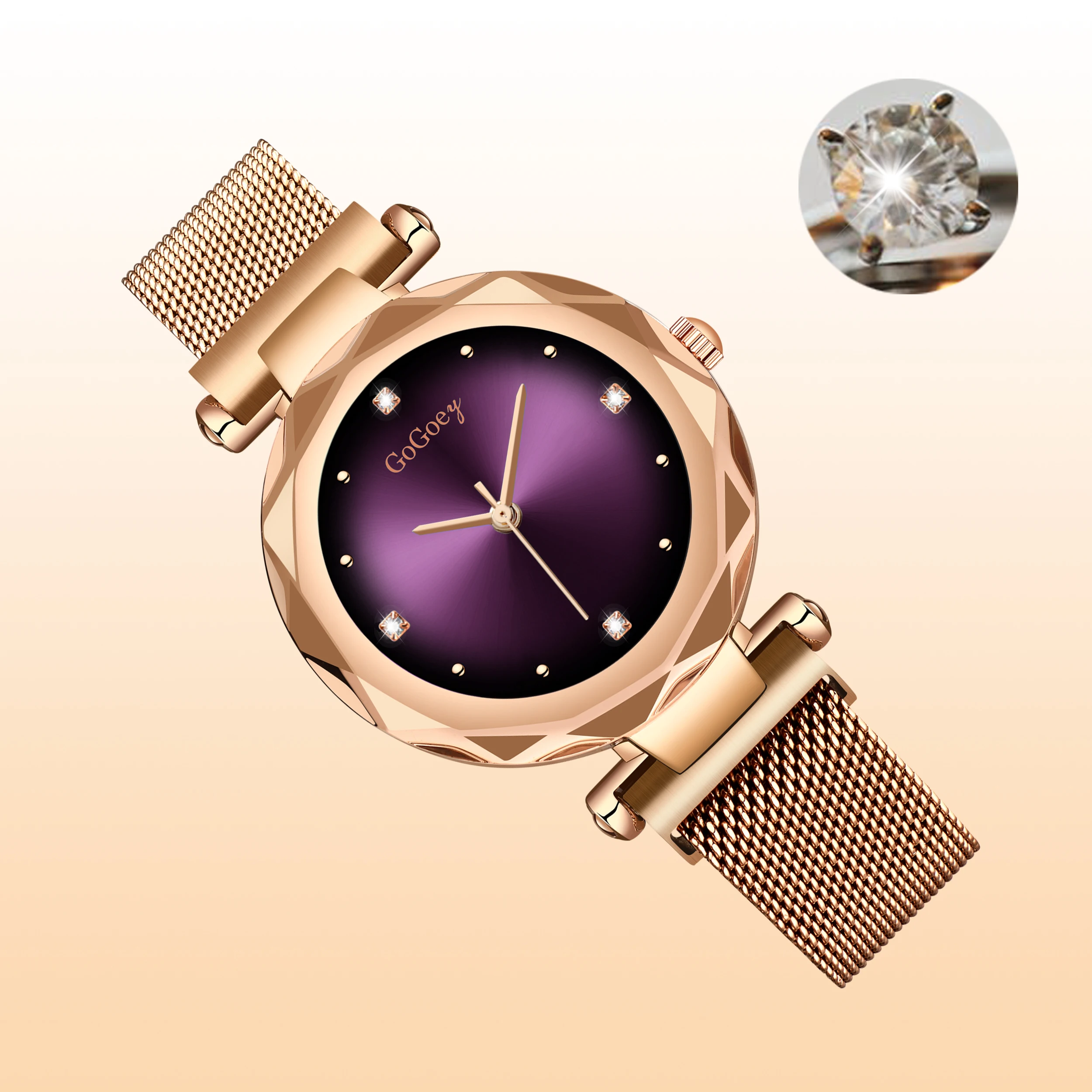 

New Rose Gold Ladies Fashion Trend Watch Punctual Diamond Depth Waterproof Romantic Purple Dial Ladies Watch Relogio Masculino
