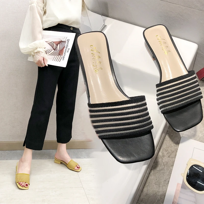

2019 New Casual Solid Summer Beach Narrow Band Slippers Women Rubber Sole Slip-on Rome Slipper Fashion Woman Med Heels Shoes