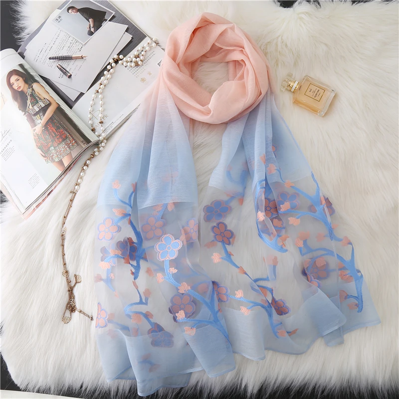 

2019 silk scarf for women fashion Cut flowers shawl wrap Gradient color pashmina elegant lady winter neck scarves hijab bandana