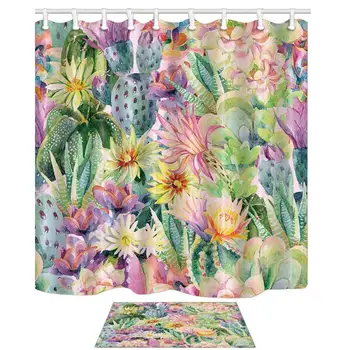 

Watercolor Blooming Cactus Flowers 69X70in Mildew Resistant Shower Curtain Suit With Flannel Floor Mat Bath Rugs (Muliti1)