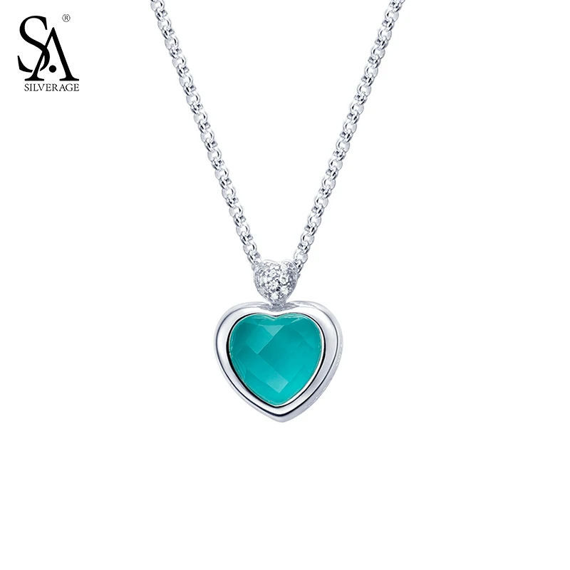 

SA SILVERAGE Real 925 Sterling Silver Heart Necklaces For Women Fine Jewelry Blue Aquamarine Stone Love Pendent Necklace