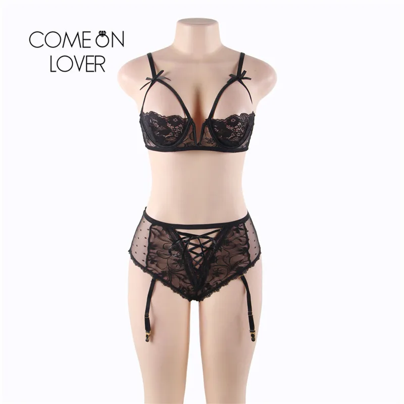 Comeonlover Lingerie Set Garter Open Cup Bra Plus Size Erotic Lingerie Sets Lace Floral Ropa Sexy Mujer Erotic Set RI80646