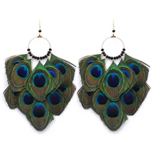 Moda pluma del pavo real pendientes Largos de Estilo Étnico Joyería Eardrop Cuelgan Aretes Largos Pendientes grandes de la ronda para Las Mujeres niña