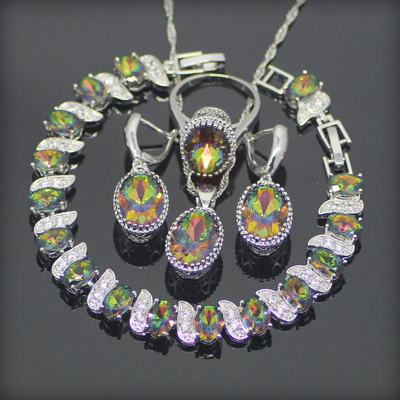

Luxury Magic Rainbow Cubic Zirconia 925 Sterling Silver Jewelry Sets For Women Earrings/Pendant/Necklace/Rings/Bracelets