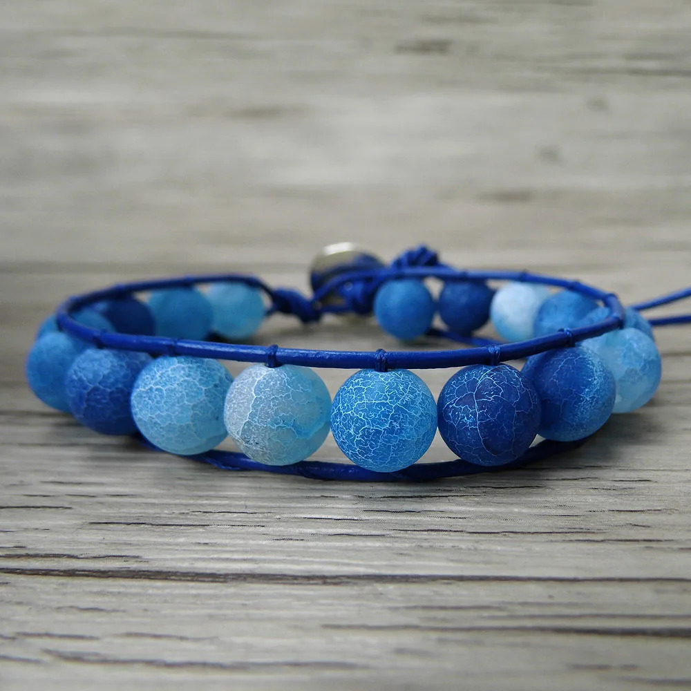 

Blue matt beads bracelet matt finish beads bracelet boho wrap leather bracelet beaded jewelry bohemian yoga wraps