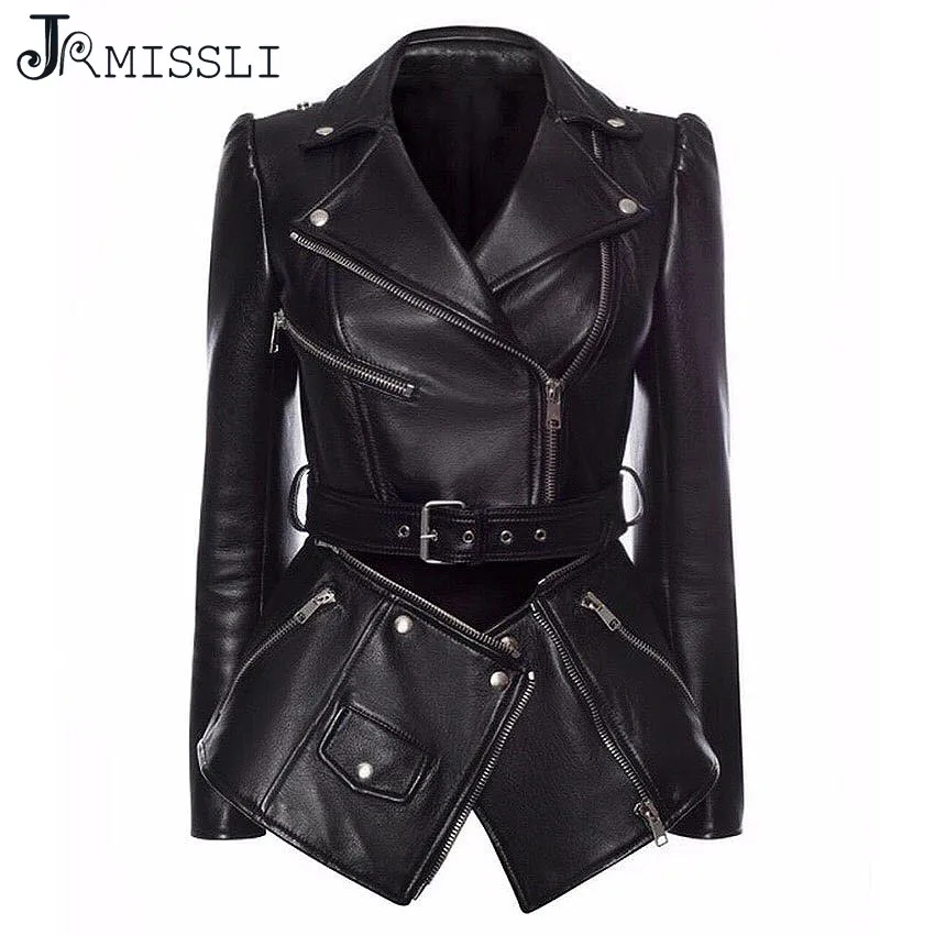 

JRMISSLI Women Black Soft Zipper Leather Jacket Coat Turn-down Collar Casual Pu Motorcycle Black Punk Outerwear