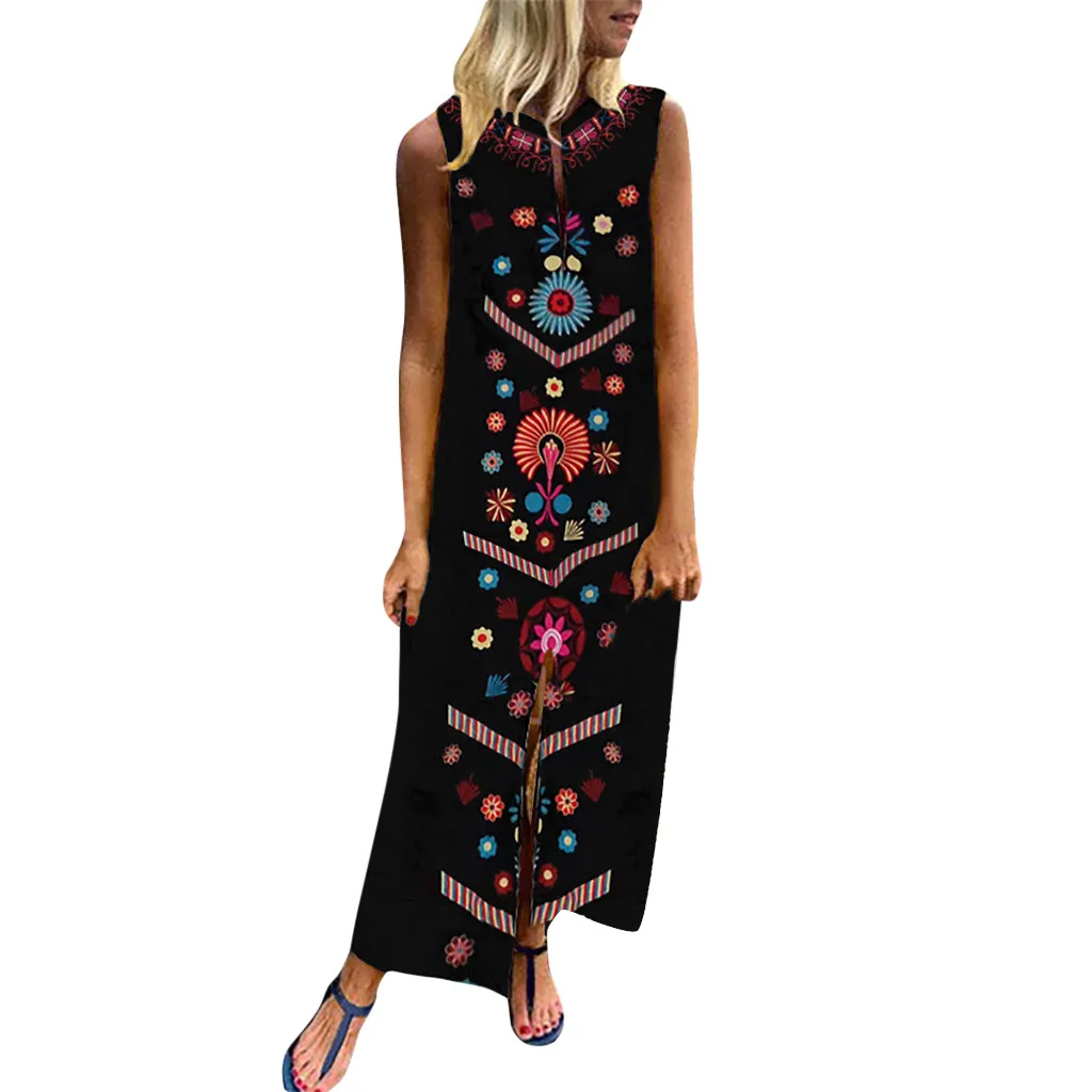 

2019 New Summer Women’s Printed Sleeveless V-neck Maxi Dress Hem Baggy Kaftan Long Dress Vestidos de fiesta Plus Size