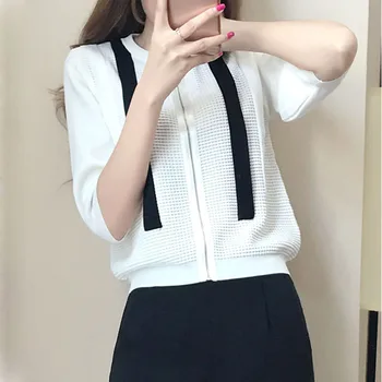 

Female Autumn Sweater Cardigans With Zipper Striped Thin Tops Black 2019 Summer Tops Loose Knitted Hollow Out Knitwear Outwear
