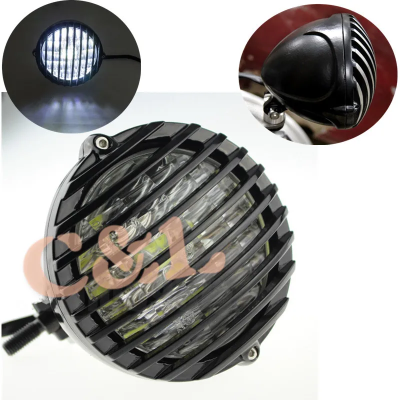 5 3/8 M10 LED Headlight Finned Grill Light Lamp For Chopper/Bobber/Cafe