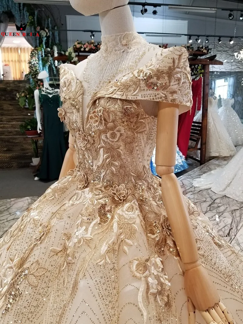 Роскошные золотые вечерние платья, бальное платье, украшенное кристаллами и бисером, кружевные 3D цветы, настоящая фотография, вечерние платья DW06