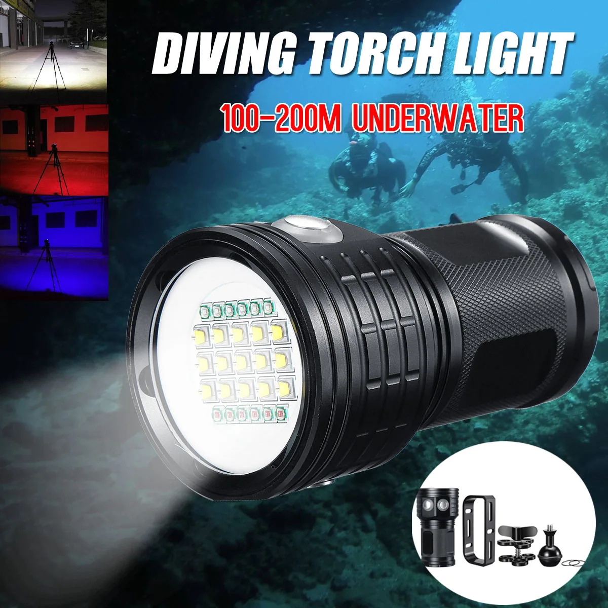 

LED Diving Flashlight Underwater 200m Photography Video Camera Flashlight Blue Red LED Rechargeable Flash Light Lantern Torch