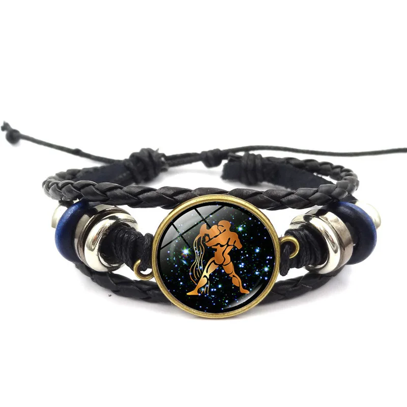 

Fashion Sale 12 Constellations leather Zodiac sign with beads bracelet bangles for men kids jewelry travel accessories gifts