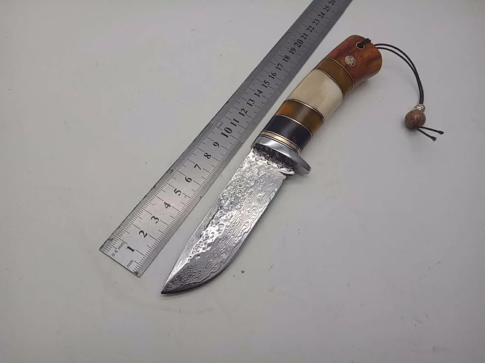 Купить Фиксированным лезвием Охотничьи Ножи ручной кованые Дамаск Сталь Кемпинг Ножи 58 60hrc кожаные ручки выживания тактический инструмент