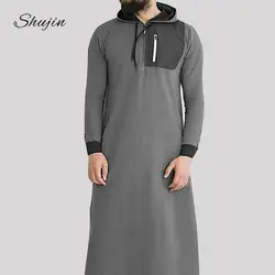 2019 Повседневная мусульманская Арабская Повседневная молния нагрудный карман полная длина длинный рукав с капюшоном наряд рубашка