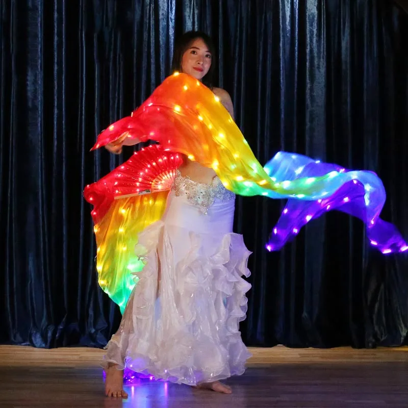 Один кусок Радужный цвет танец живота светодиодный Шелковый веер вуаль Красочный шелковый светодиодный веер вуаль для восточных танцев реквизит для сцены