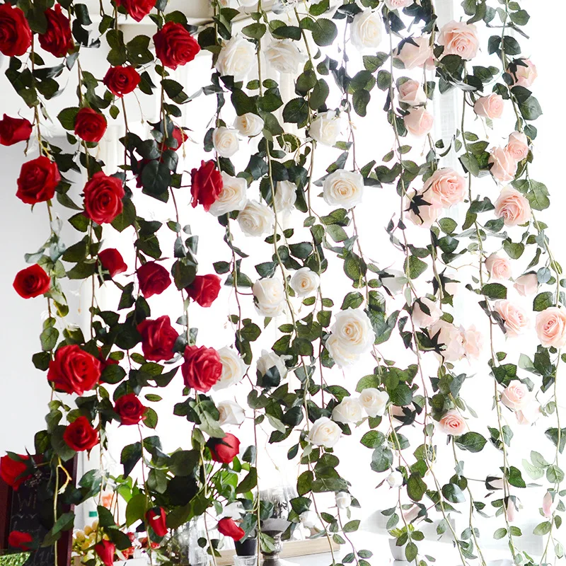 

New Artificial Plants Green Leaves Vine Simulation Cane Adornment Flowers Garland Home Wall Party For Decorations Rose Vines