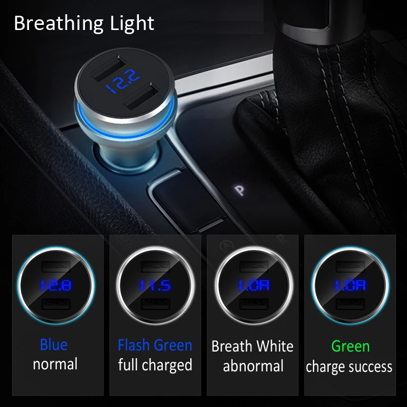 Powstro атмосферное легкое автомобильное зарядное устройство 5 В 3.4A металлическое двойное USB зарядное устройство с Отображение напряжения на светодиодном дисплее молоток безопасности для iPhone samsung