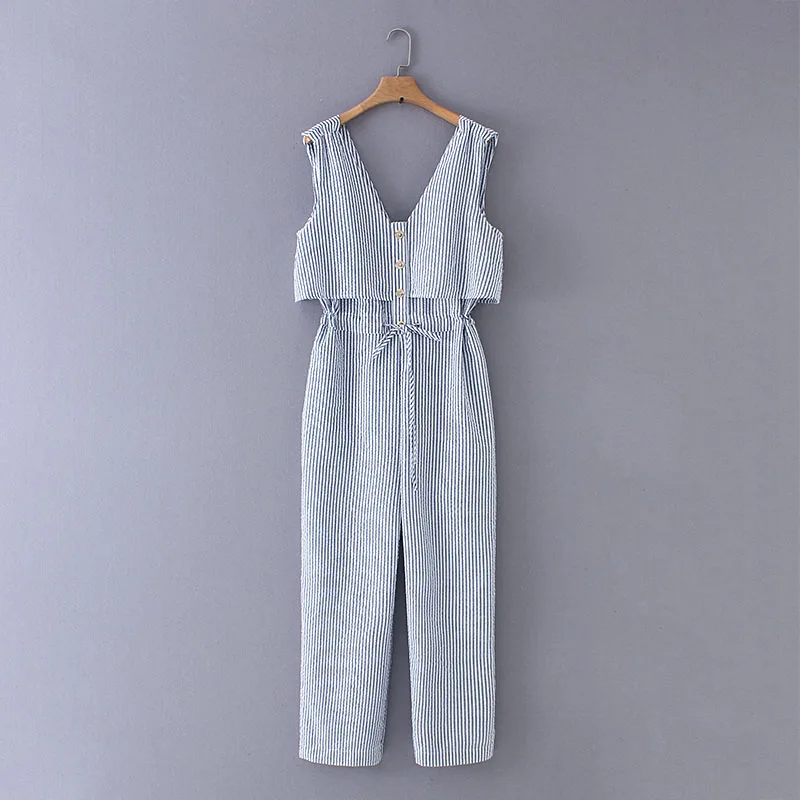 

Blue Striped Jumpsuits Womens Sexy Deep V Neck Bodysuit Women Button Front Sleeveless Jumpsuit Female Rompers Womens Jumpsuit