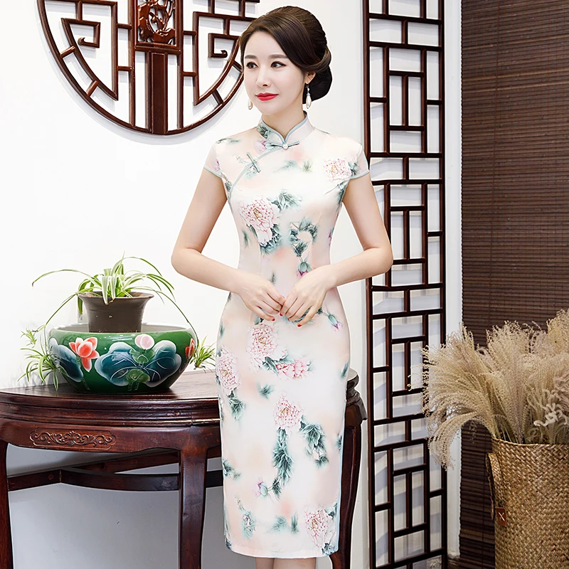 Летний Новый стильный принт в китайском стиле женское платье-Ципао Сексуальное Тонкое атласное платье Vestidos винтажное вечернее платье с