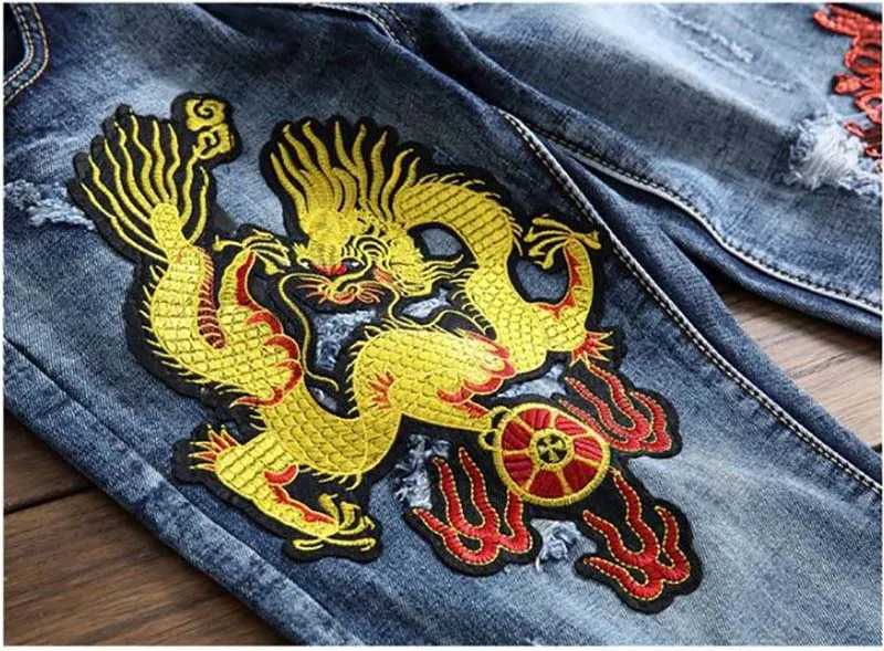 Mcikkny Men's Ripped Embroidery Jeans Slim Fit Dragon Embroidered Biker Denim Trousers Streetwear Jeans Pants For Male Washed 