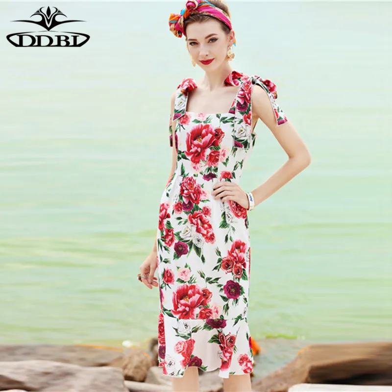 red flowers print dress spaghetti dress designer runway dress high quality 2018 20180516