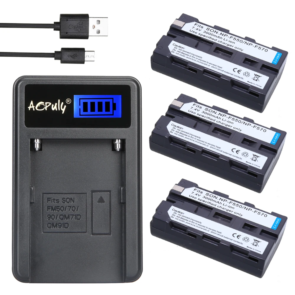 3Pcs NP-F570 NP-F530 NP F550 F570 Batteries + NP-F550 LCD USB Charger for Sony CCD-SC55 CCD-TRV81 DCR-TRV210 MVC-FD81 camera