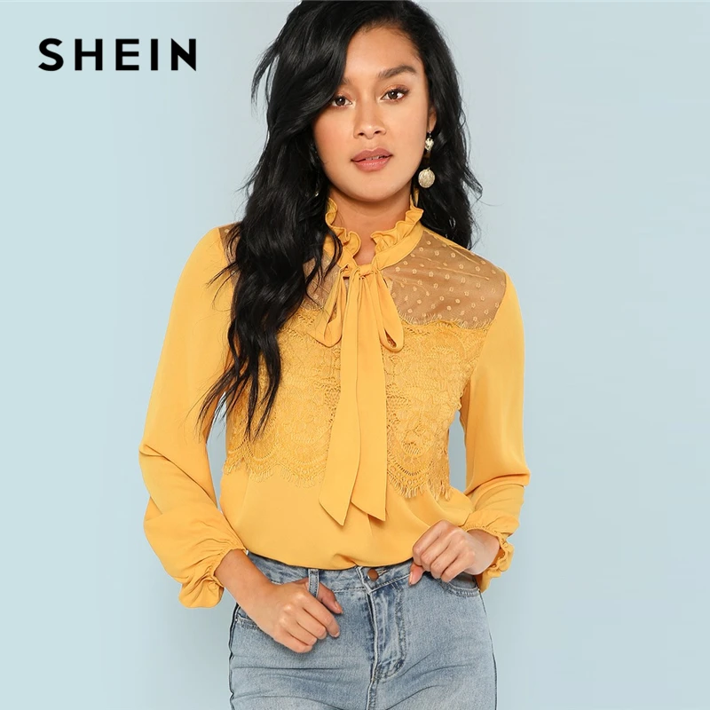 

SHEIN Ginger Tie Neck Lace Contrast Solid Top Elegant Casual Stand Collar Ruffle Tops Women Autumn Long Sleeve Workwear Blouses