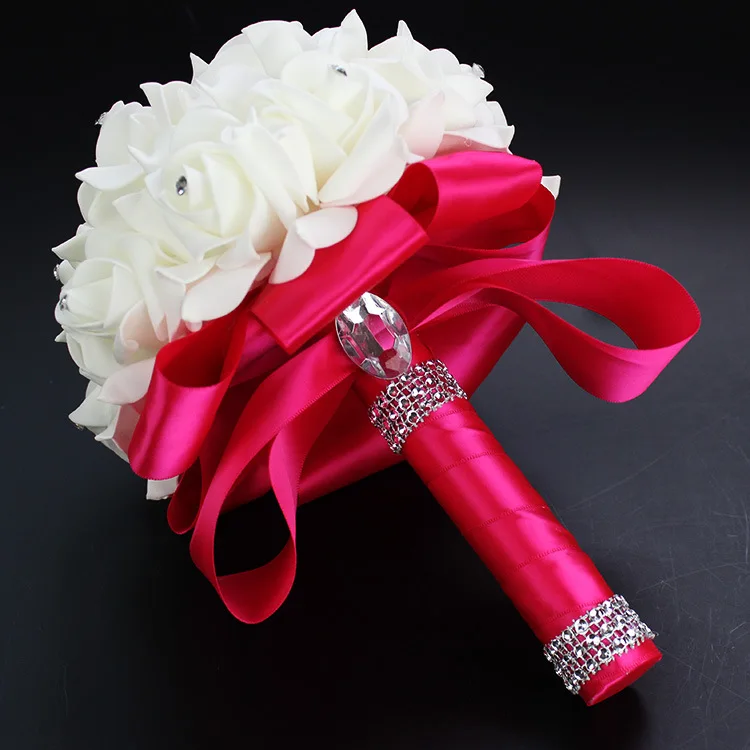 Ручной работы красоты Королевский синий свадебный цветок Свадебный букет Искусственный цветок «Роза» лента хрустальные букеты de noiva - Цвет: Hot pink