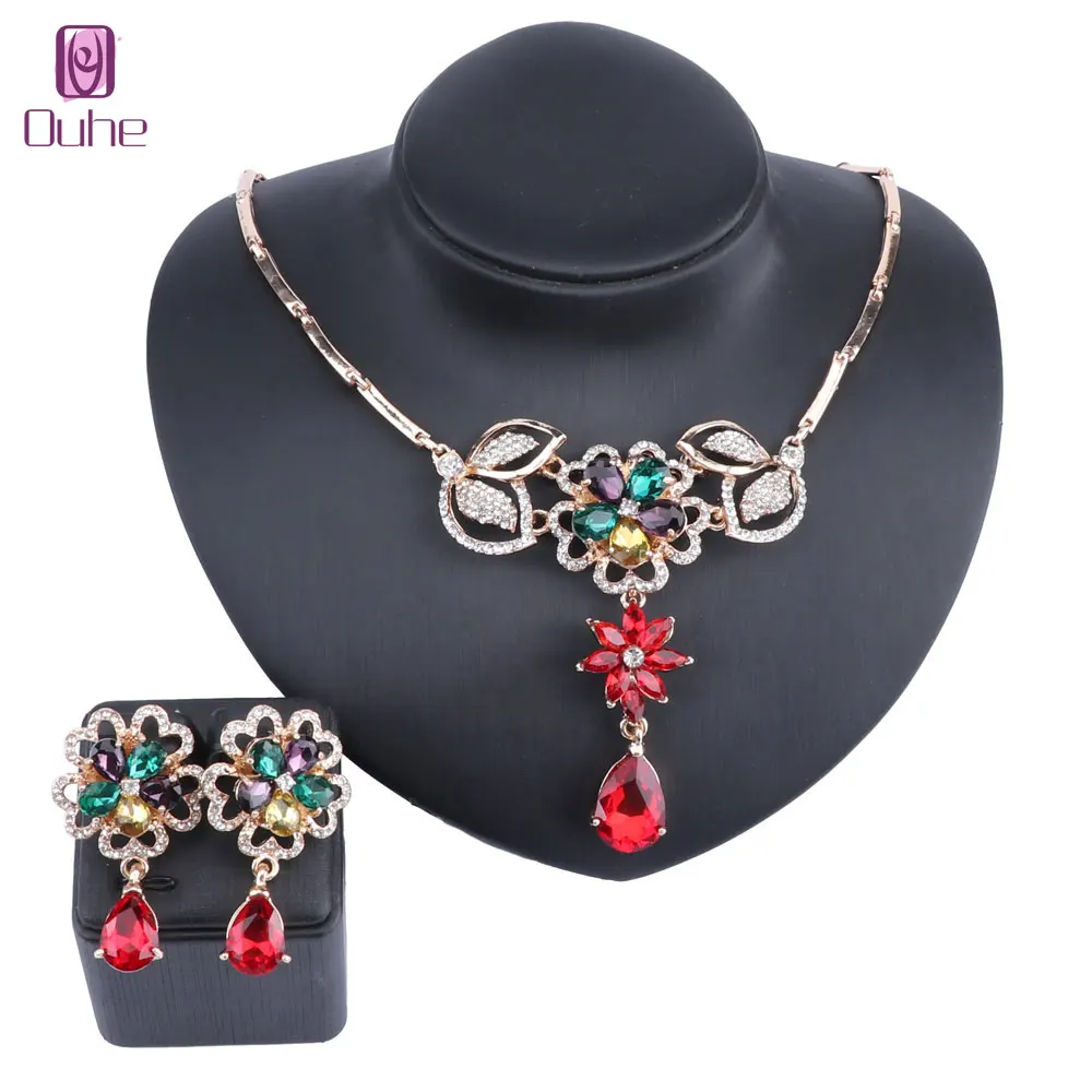

Gold Color Crystal Wedding Jewelry Set Party Costume Accessories Flower Earring Necklace Jewellery For Brides Women's Gifts