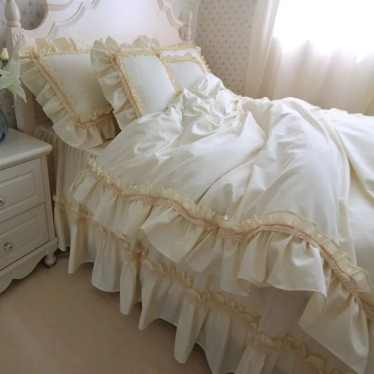 

Free shipping!Beige ruffle Korean princess bedding set 3/4pcs twin full queen king size white cake layers bed skirt set